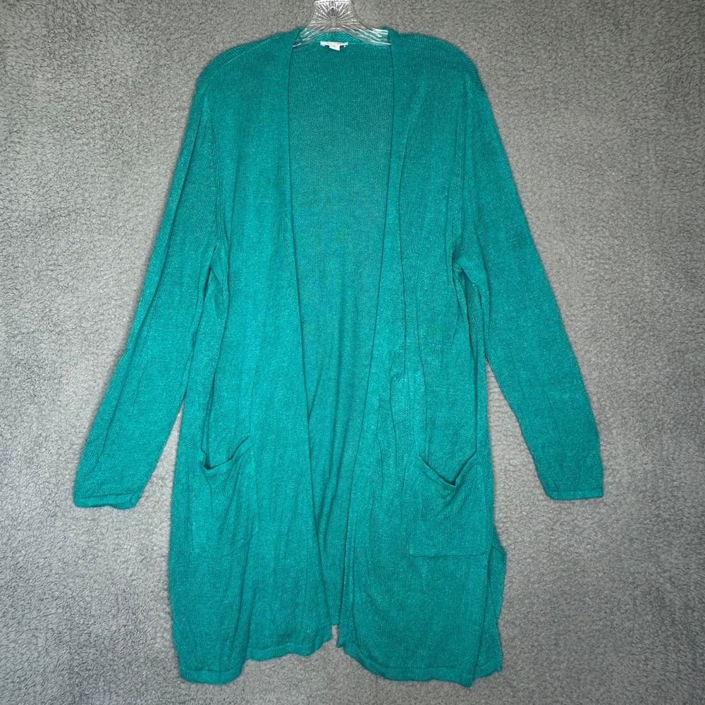 J. Jill Teal Green Linen Blend Longline Open Front Cardigan Sweater XL Pocket